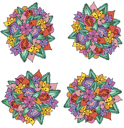 Four doodle balls of leaves, flowers and patternsのイラスト素材