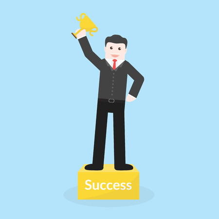 Success concept by business man holding trophy and stood on the podium.のイラスト素材