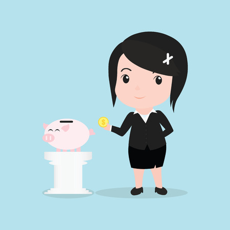 Business Woman concept by money drops piggy bank.のイラスト素材