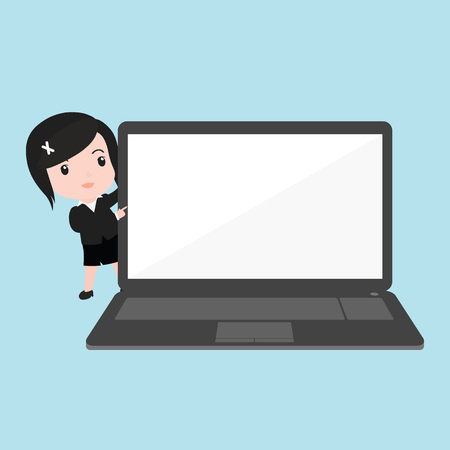 Business woman pointing to laptop display, cartoon.のイラスト素材