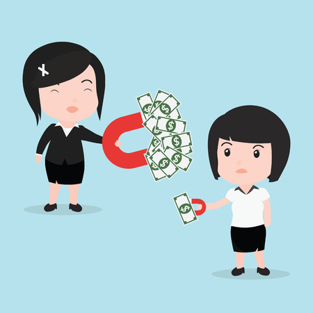 Business woman attracts money with a large magnet.のイラスト素材