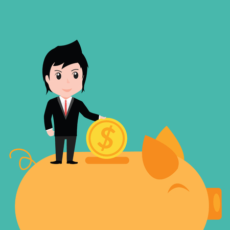 Businessman putting coin into piggy bank, cartoon.のイラスト素材