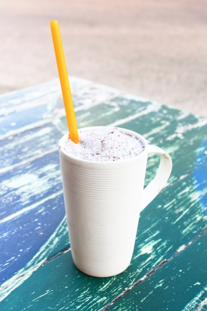 Fresh made cookies milkshake on wooden backgroundの写真素材