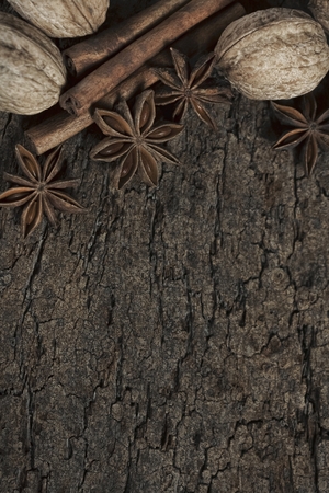 walnuts star anise and cinnamon sticks on a cork boardの写真素材