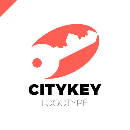 Small city Logo of the builder, house key isolated. Silhouette of the city's architecture. Vector illustration.のイラスト素材