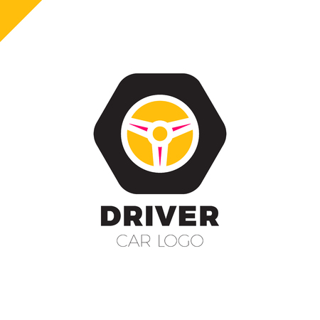 Steering wheel in hexagon icon logotype. Driver abstract symbol logoのイラスト素材