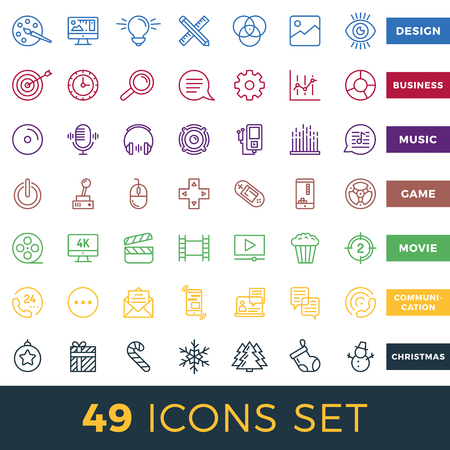 Simple Set of Start Up, Business, Audio, Music, Video, Cinema, Christmas, Game Related Vector Line Icons.のイラスト素材