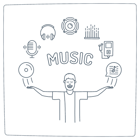 a music man character with his hands up and Audio doodle Icons.のイラスト素材