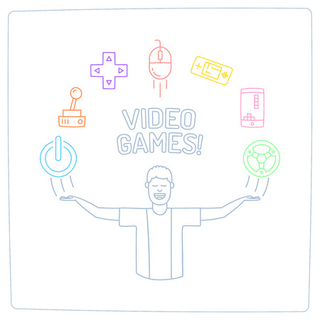 a geek man character with his hands up and video game doodle icons.のイラスト素材
