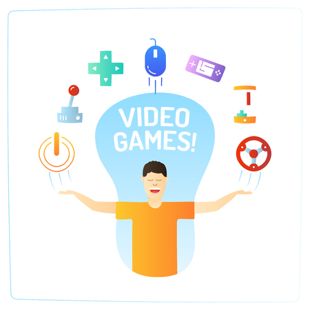 a geek man character with his hands up and video game doodle icons.のイラスト素材