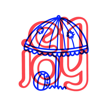 Cartoon travel sun umbrella doodle lettering for decoration design. Drawing textのイラスト素材