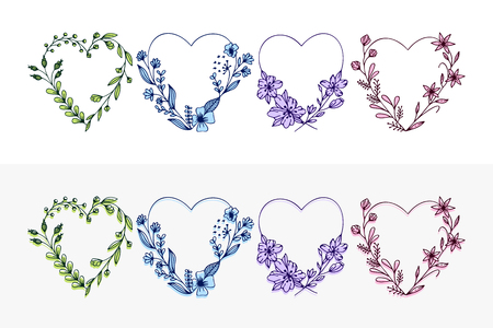 Set of hand drawn wreath hearts with stylized flowers - vector illustration design for t shirt graphics, fashion prints, slogan tees, stickers, cards, posters and other creative usesのイラスト素材