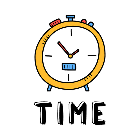 Hand draw clock icon in doodle style for your design with lettering.のイラスト素材