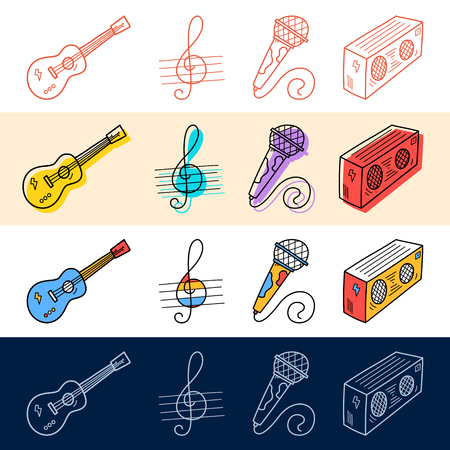 Hand draw guitar, note, microphone icon set in doodle style for your design.のイラスト素材