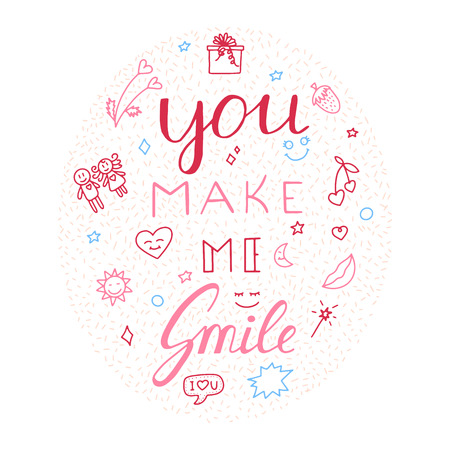 You make me smile Inspirational hand draw doodle lettering quote with crown and heart elements.のイラスト素材