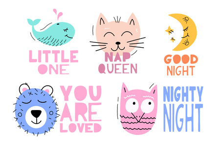 Set Cute vector animal with lettering baby phrase - illustration cut out from actual paper. Scrapbook element. Art poster for nursery or kids room posterのイラスト素材