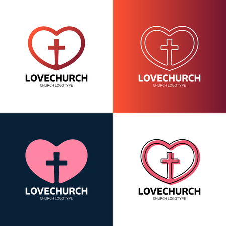 Cross and heart of faith christian church vector logo. Missionary or charity icon. Religious or hospital stained-glass symbol. Protection in medicine, help or safety sign.のイラスト素材