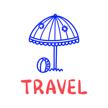 Cartoon travel sun umbrella doodle lettering for decoration design. Drawing textのイラスト素材