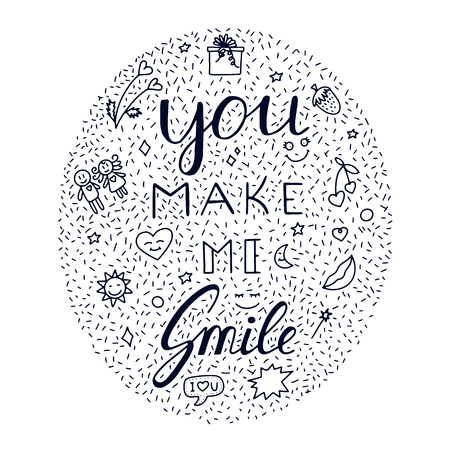 You make me smile Inspirational hand draw doodle lettering quote with crown and heart elements.のイラスト素材