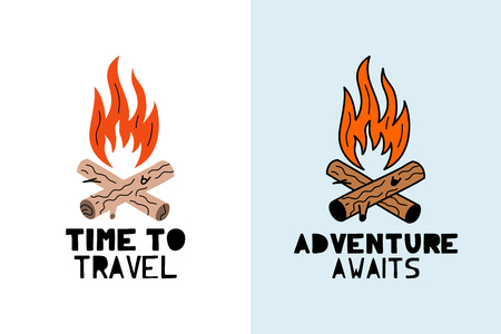 Cute vector bonfire with phrase travel and adventure - illustration cut out from actual paper. Scrapbook element. Art poster for nursery or kids room posterのイラスト素材