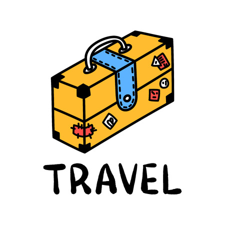 Cartoon travel suitcase doodle lettering for decoration design. Drawing textのイラスト素材