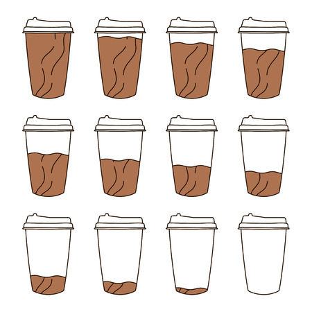 Isolated Set of 12 paper cups for coffee with a lid in doodle style. Full to empty graduation cup of coffee.のイラスト素材