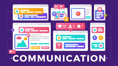 Vector illustration of a social media communication concept. The word communication with colorful cross-platform browser windowsのイラスト素材