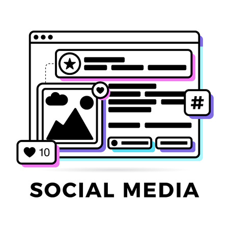Vector illustration of a social media communication concept. The word social media with colorful cross-platform browser windowsのイラスト素材
