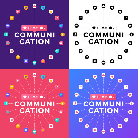 set Vector illustration of a social media communication concept. Communication word with social activity icons which are arranged in a circle.のイラスト素材