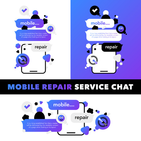 Concept Repair of mobile phones and Service electronic technic with abstract elements, icons and bubble chat. Illustration banner in modern style.のイラスト素材