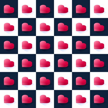 Seamless isometric stock vector pattern, geometric flat pink hearts in square blocks staggered in white background.のイラスト素材