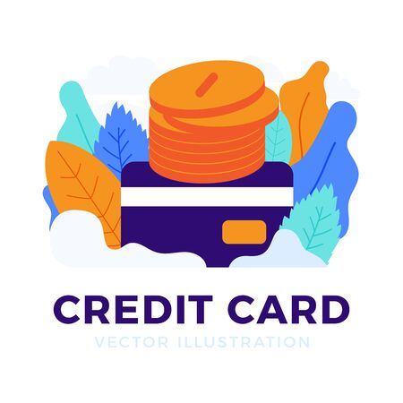Stack of coins with a credit card vector stock illustration isolated for landing page or presentation. The concept of adding money to a bank account. The back side of the card with a stack of coins.のイラスト素材