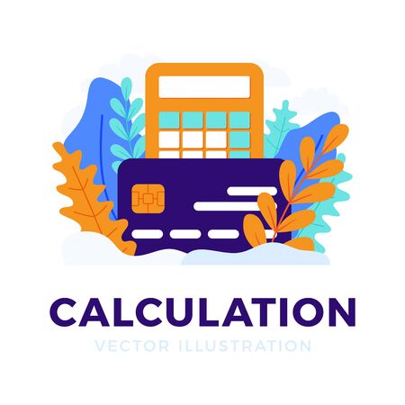 Calculator and credit card vector stock illustration isolated for landing page or presentation. concept of paying taxes, calculating expenses and income, paying bills. Front side card with calculator.のイラスト素材