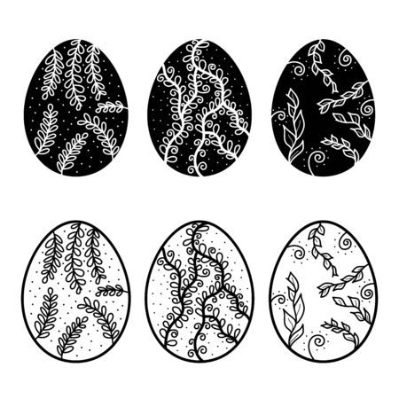 Easter eggs. Hand drawn decorative egg set elements in vector for coloring book. Black and white.のイラスト素材