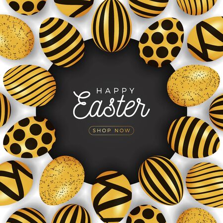 Easter egg banner. Easter card with eggs laid out in a circle on a black plate, gold and black ornate eggs on white modern background. Vector illustration. Place for your textのイラスト素材