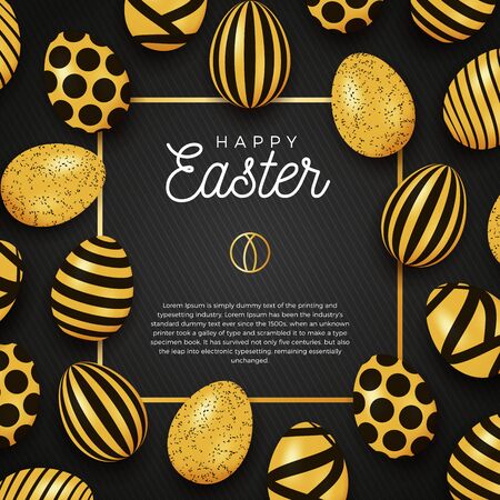 Easter egg frame. Happy Easter luxury banner background template with beautiful realistic golden eggs. Greeting card. Vector illustration.のイラスト素材