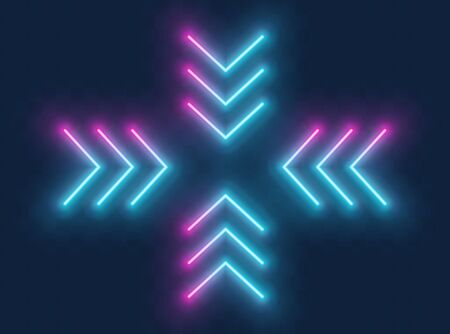 Neon arrow sign. Blue and pink Glowing neon arrow pointer in four directions on dark blue background. Retro signboard with bright neon tubes. Vector illustration.のイラスト素材