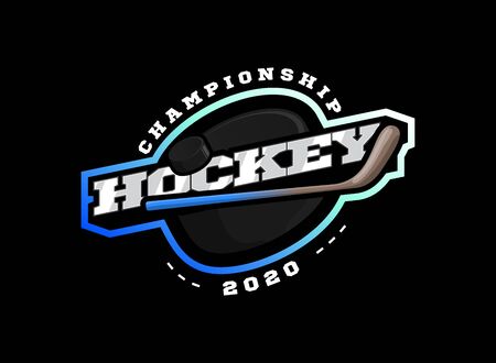 Hockey sport logo. Modern professional sporty hockey championship or tournament Typography in retro style with stick and puck. Vector design emblem, badge and sporty template logotype design.のイラスト素材