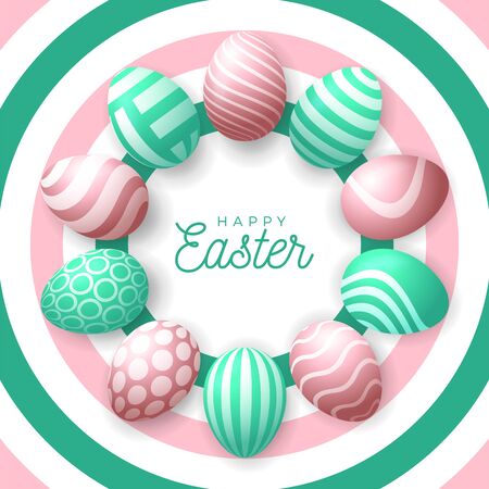 Easter egg banner. Easter card with eggs laid out in a circle, green and rose gold ornate eggs on fresh modern background. Vector illustration. Place for your text.のイラスト素材