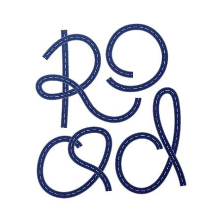 Road lettering vector illustration. Handwritten inscription road, which is made of asphalt with markings. Print on clothes.のイラスト素材