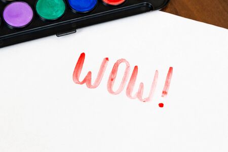 Handwritten WOW text with brush and watercolor paints on white background. Box of watercolor paints...