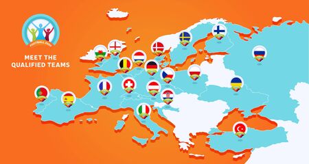 European 2020 football championship Vector illustration with a map of Europe with highlighted countries flag that qualified to final stage and logo sign on orange background.のイラスト素材
