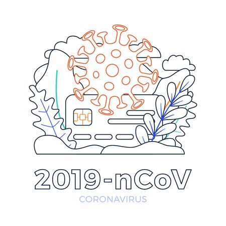 Novel coronavirus 2019-nCoV with credit card vector stock illustration isolated on a white background. The concept concept of paying medicine, pills. Outline style card with a novel coronavirusのイラスト素材