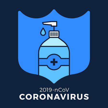 Soap or Sanitizer Gel and shield using antibacterial, virus icon, hygiene, medical illustration. Coronavirus covid-19 protectionのイラスト素材