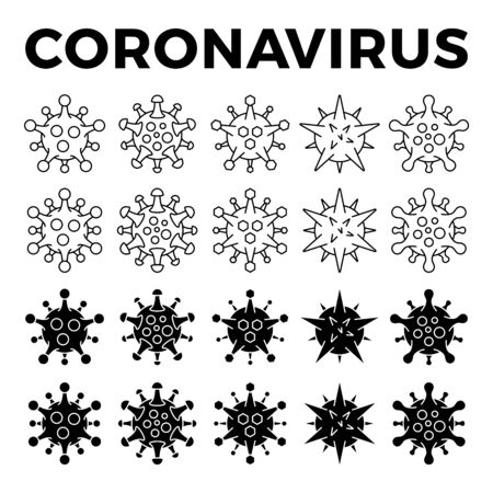 Set of different viral cells icon. Novel Coronavirus (2019-nCoV). Virus Covid 19-NCP. Coronavirus nCoV denoted is single-stranded RNA virus. Outline and solid style Vector illustration.のイラスト素材