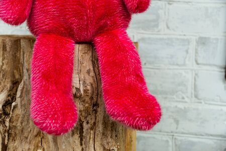 Close up Lonely Red Teddy bear foot sits on wood.