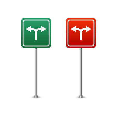 Green and red highway sign with arrows board. Isolated vector illustration on white background.のイラスト素材
