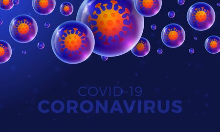 Futuristic Coronavirus or Covid-19 web banner template with glowing virus cell on realistic glossy ball on dark blue.のイラスト素材