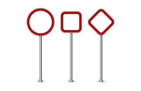 Realistic blank red street and road signs isolated vector. Set of street traffic sign, road signpost direction illustrationのイラスト素材