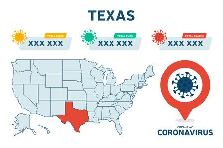 Covid-19 Texas state USA map confirmed cases, cure, deaths report. Coronavirus disease 2019 situation update worldwide. America Maps and news headline show situation and stats backgroundのイラスト素材